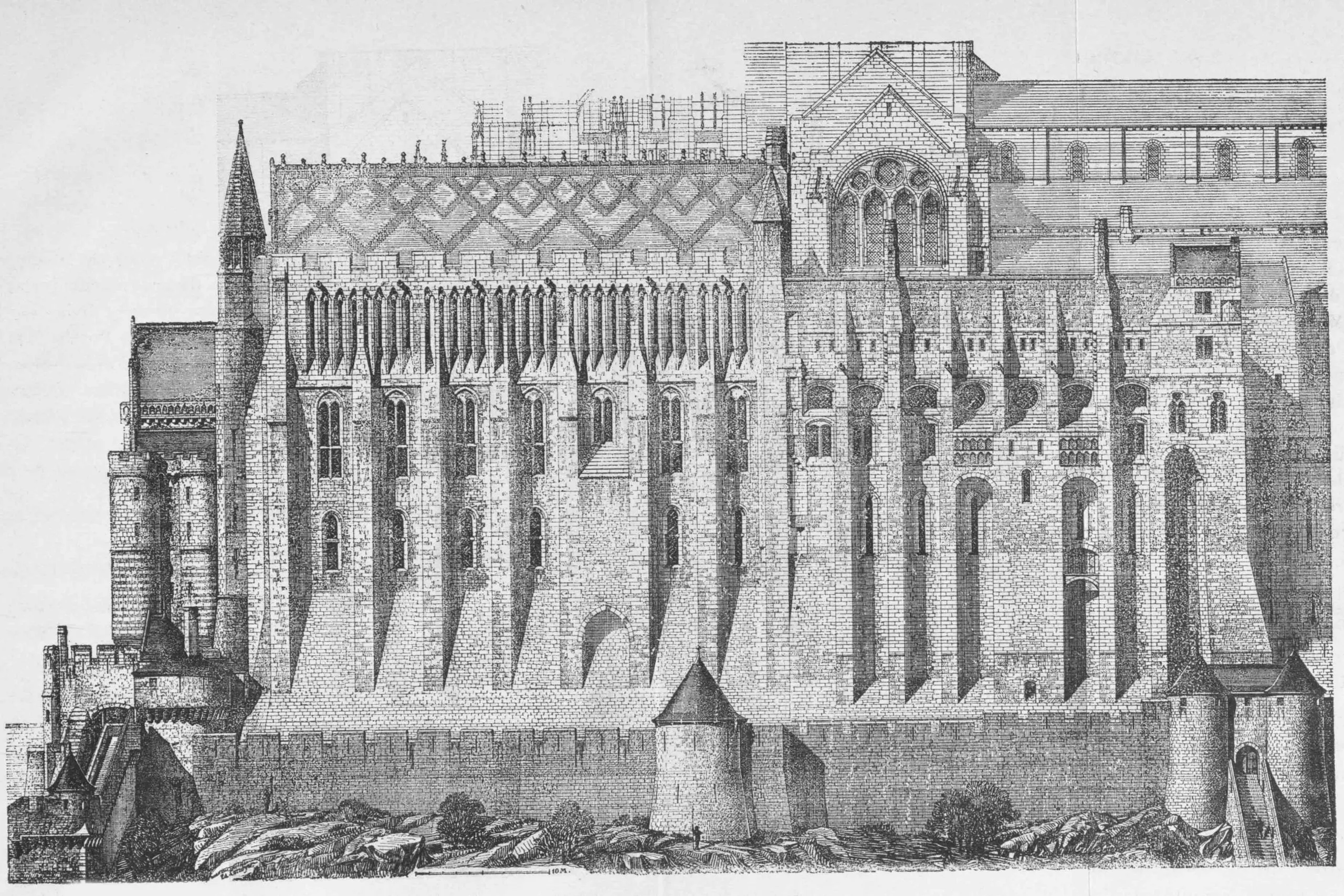 Layered stone architecture of Mont-Saint-Michel showing Romanesque base and Gothic upper levels